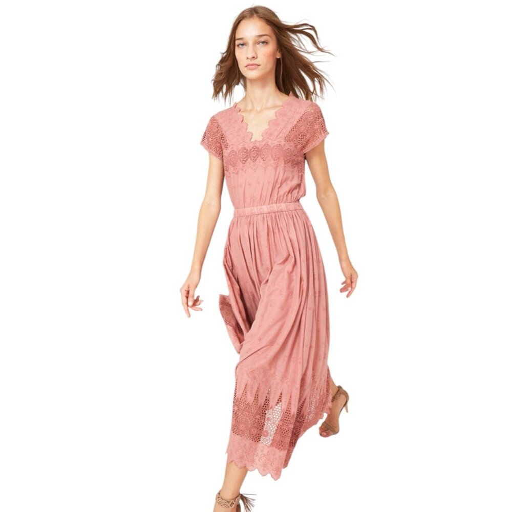 ULLA JOHNSON Savannah Dusty Rose Pink Eyelet Midi Dress Boho Style Size 2 - Picture 2 of 9